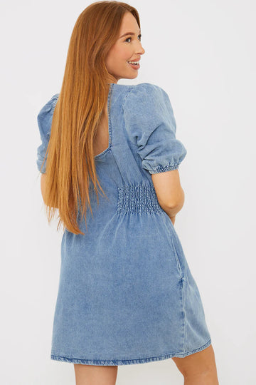Denim V Neck Shirred Waist Tie Back Mini Dress